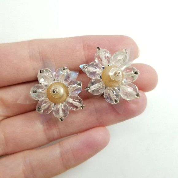 Vintage Beaded Cluster Flower Clip On Earrings, West Germany, Clear Faux Pearl - Picture 7 of 7
